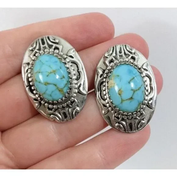 Large Oval Turquoise Art Glass Whiting And Davis Clip On Earrings - Vintage - Picture 2 of 10